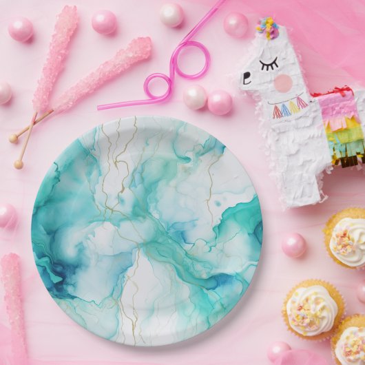 Mint Aqua Goud Inkt Marmer Papieren Bordje (Feest)