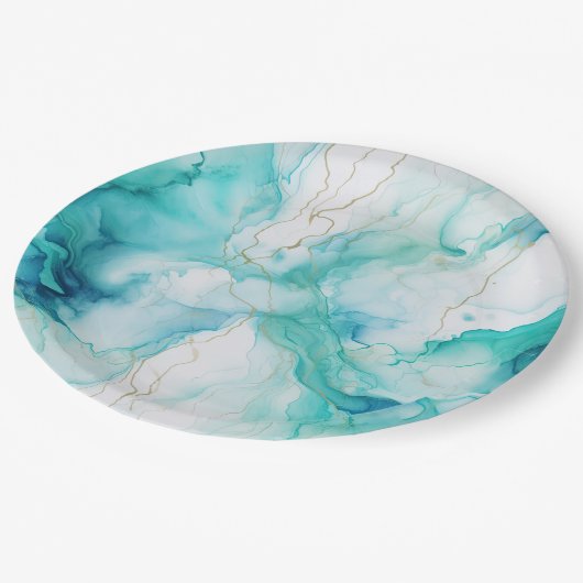 Mint Aqua Goud Inkt Marmer Papieren Bordje (Gekanteld)