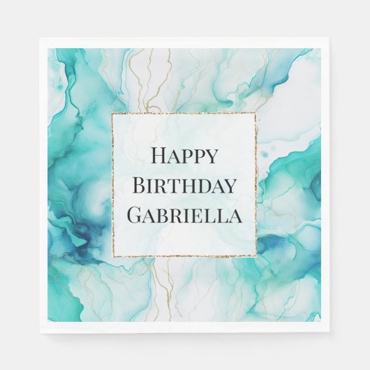 Mint Aqua Goud Inkt Marmer Servet (Voorkant)