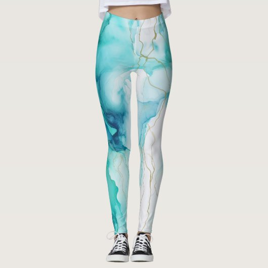 Mint Aqua Ink Marmer Leggings (Voorkant)
