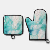 Mint Aqua Ink Marmer Ovenwant & Pannenlap Set (Voorkant)