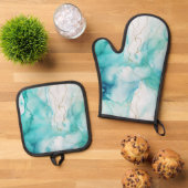 Mint Aqua Ink Marmer Ovenwant & Pannenlap Set (Top down)