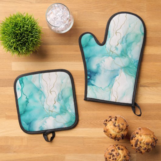 Mint Aqua Ink Marmer Ovenwant & Pannenlap Set (Top down)