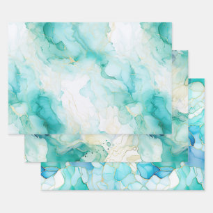 Mint Aqua Pearl Gold Marble Inpakpapier Vel