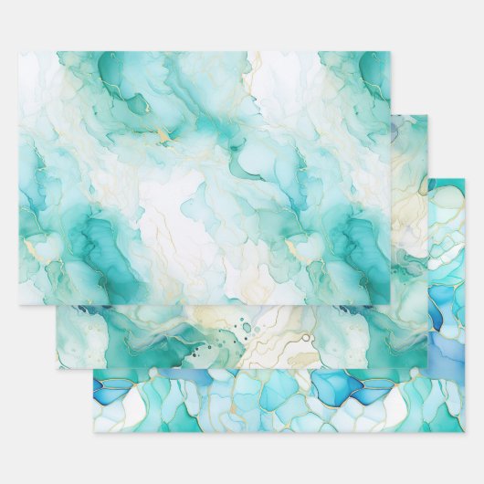 Mint Aqua Pearl Gold Marble Inpakpapier Vel (Set)