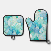 Mint Aqua Pearl Gold Marble Ovenwant & Pannenlap Set (Voorkant)