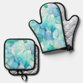 Mint Aqua Pearl Gold Marble Ovenwant & Pannenlap Set (Voorkant / Achterkant)