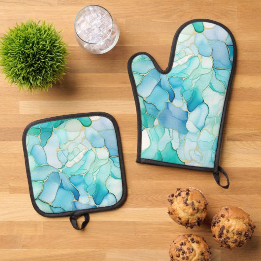 Mint Aqua Pearl Gold Marble Ovenwant & Pannenlap Set (Top down)