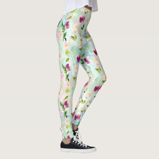 Mint Aqua  Waterverf Bloemen Leggings (Rechts)