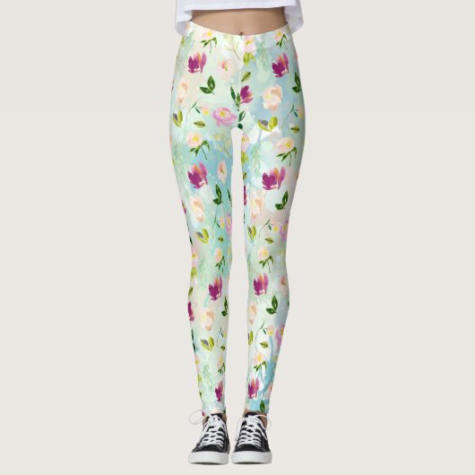 Mint Aqua  Waterverf Bloemen Leggings (Voorkant)