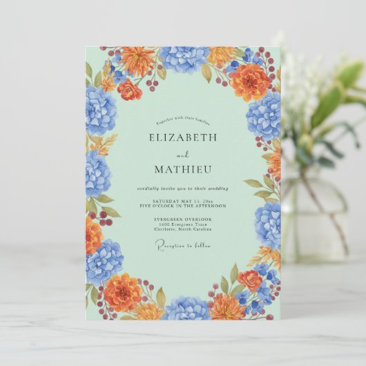 Mint Azure Hydrangea Eucalyptus Bruiloft Kaart (Staand voorkant)