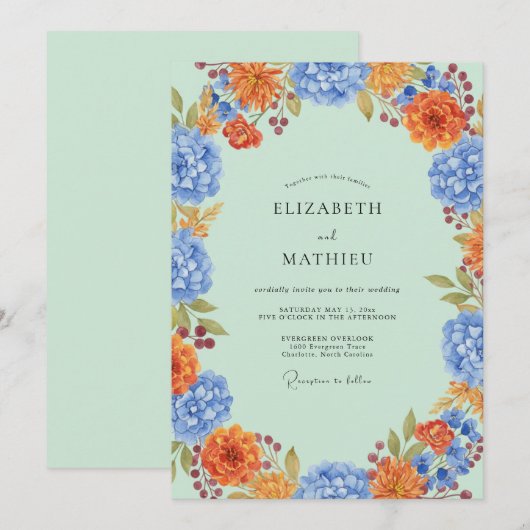 Mint Azure Hydrangea Eucalyptus Bruiloft Kaart (Voorkant / Achterkant)