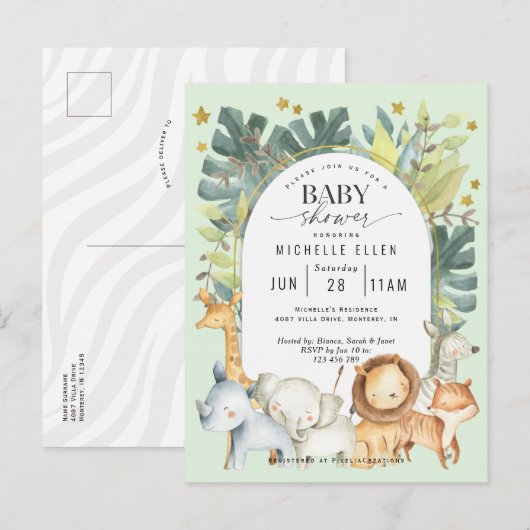 Mint baby boy douche Oerwoud safari dieren Uitnodiging Briefkaart (Voorkant / Achterkant)