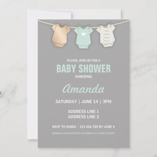 Mint Baby shower uitnodiging, waslijn thema Kaart (Voorkant)