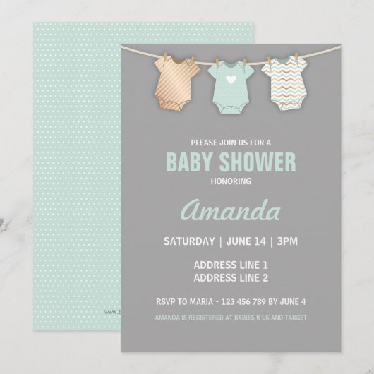 Mint Baby shower uitnodiging, waslijn thema Kaart (Voorkant / Achterkant)