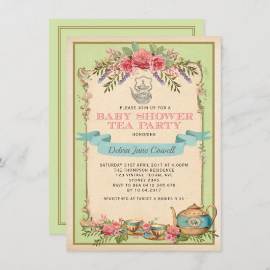 Mint  Baby Tea Party Bloementheepot Uitnodigen Kaart (Voorkant / Achterkant)