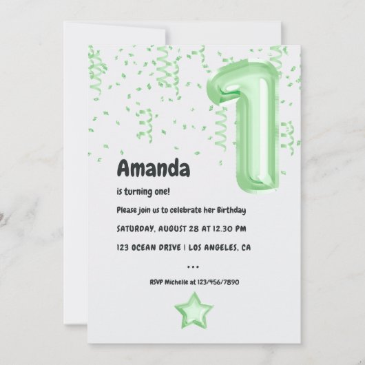 Mint ballon 1e verjaardag uitnodiging (Voorkant)