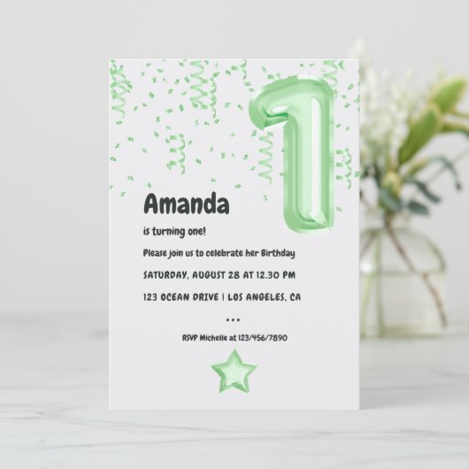 Mint ballon 1e verjaardag uitnodiging (Staand voorkant)