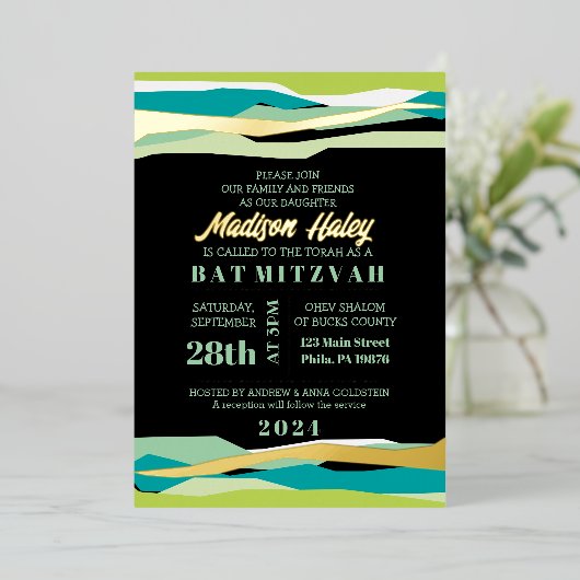 Mint Bar Bat Mitzvah Uitnodiging met Gold Foil (Staand Voorkant)