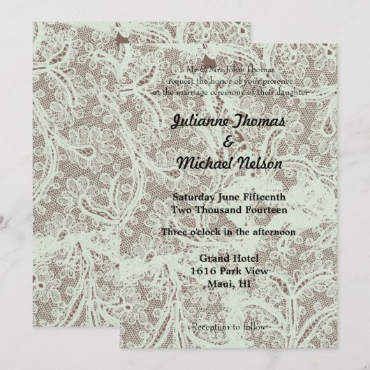 Mint Beige Faux Lace Floral Wedding Kaart (Voorkant / Achterkant)