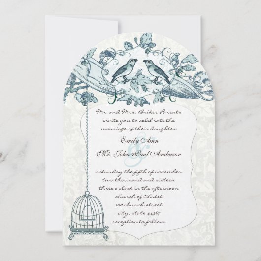 Mint Bird Cage Oak  Birds Scroll Wedding Kaart (Voorkant)