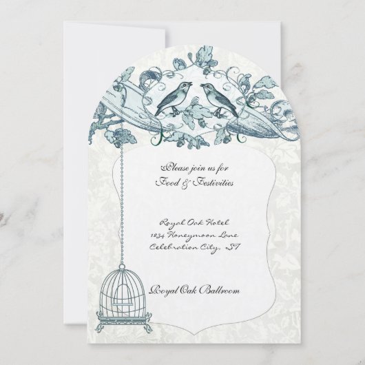Mint Bird Cage Oak  Birds Scroll Wedding Kaart (Achterkant)