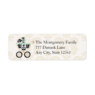 MINT BLACK DAMASK BABY CARRIAGE RETOURADRES ETIKET