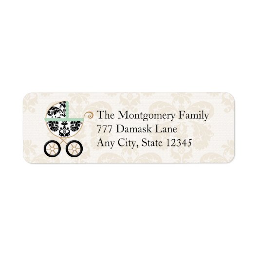 MINT BLACK DAMASK BABY CARRIAGE RETOURADRES ETIKET (Voorkant)