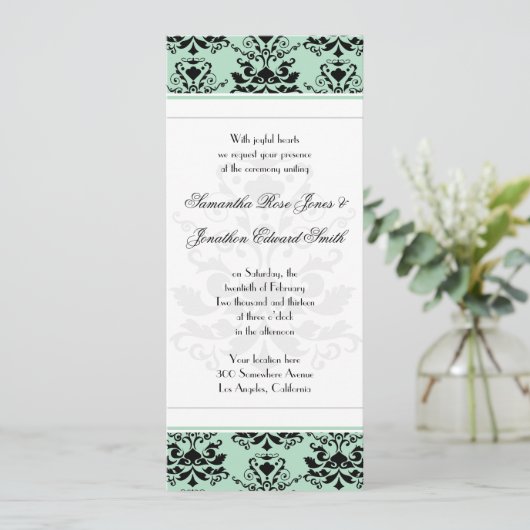 Mint & Black Damask met White Slim Wedding Invite Kaart (Staand voorkant)