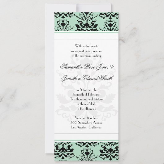 Mint & Black Damask met White Slim Wedding Invite Kaart (Voorkant)