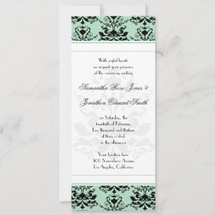 Mint & Black Damask met White Slim Wedding Invite Kaart