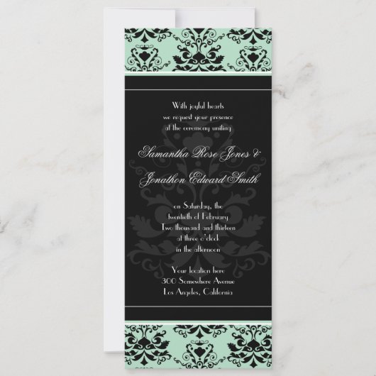 Mint & Black Damask Slim Wedding Invite Kaart (Voorkant)