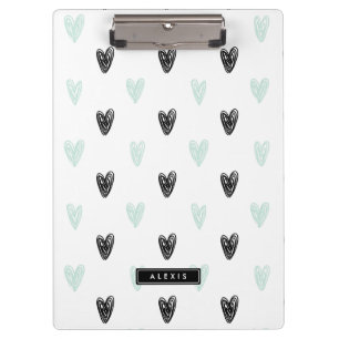 Mint & Black Hearts Doodles Patroon Gepersonalisee Klembord