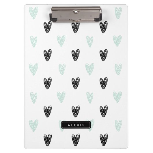 Mint & Black Hearts Doodles Patroon Gepersonalisee Klembord (Voorkant)