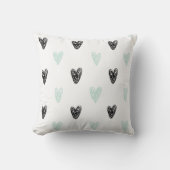 Mint & Black Hearts Doodles Patroon Gepersonalisee Kussen (Voorkant)
