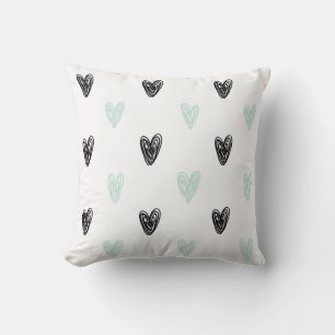 Mint & Black Hearts Doodles Patroon Gepersonalisee Kussen