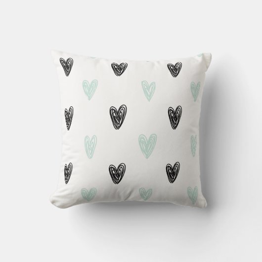 Mint & Black Hearts Doodles Patroon Gepersonalisee Kussen (Voorkant)