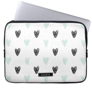 Mint & Black Hearts Doodles Patroon Gepersonalisee Laptop Sleeve