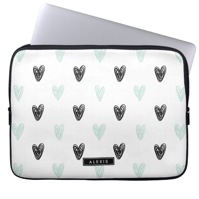 Mint & Black Hearts Doodles Patroon Gepersonalisee Laptop Sleeve (Voorkant)