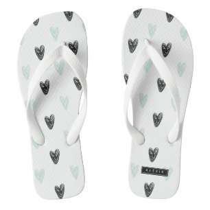 Mint & Black Hearts Doodles Patroon Gepersonalisee Teenslippers