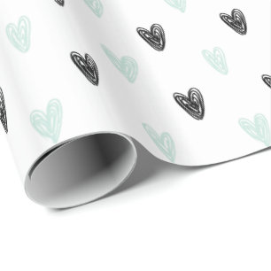Mint & Black Hearts Doodles Patroon Inpakpapier
