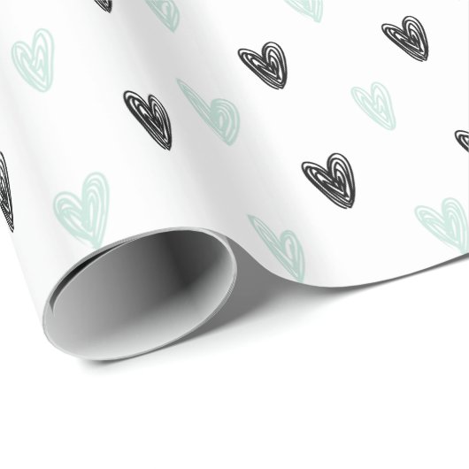 Mint & Black Hearts Doodles Patroon Inpakpapier (Rol Hoek)