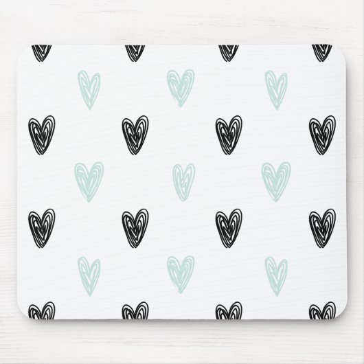 Mint & Black Hearts Doodles Patroon Mousepad Muismat (Voorkant)