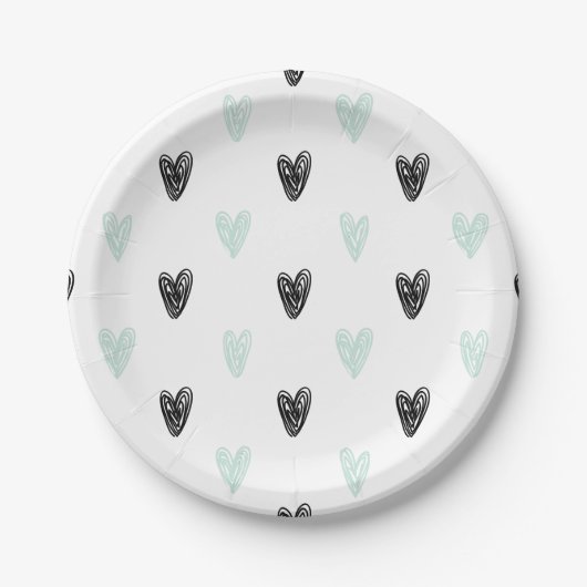 Mint & Black Hearts Doodles Patroon Papier Borden Papieren Bordje (Voorkant)