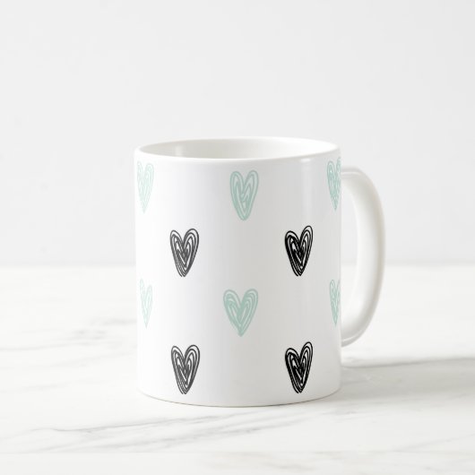 Mint & Black Hearts Doodles Pattern Girly Mok (Voorkant rechts)