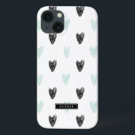 Mint & Black Hearts Patroon Gepersonaliseerde iPad iPhone 13 Hoesje<br><div class="desc">Schattige en modern gepersonaliseerd iPad hoesje met munt- en zwarte hartenpatroon en moderne typografie. U kunt dit product personaliseren door een naam of een korte zin toe te voegen.</div>