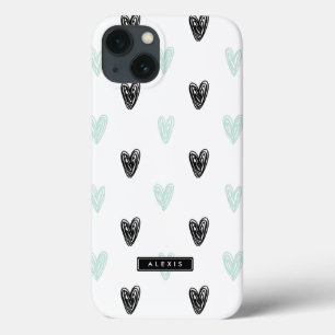 Mint & Black Hearts Patroon Gepersonaliseerde iPad iPhone 13 Hoesje
