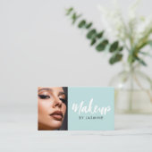 Mint Blau Witte Script QR Code Foto Make-up Visitekaartje (Staand voorkant)