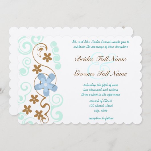Mint Blauw & Bruin Swirl Bloemen Huwelijk Kaart (Voorkant / Achterkant)