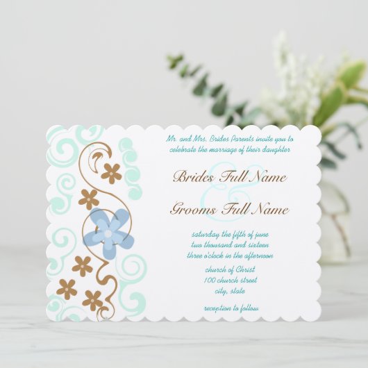 Mint Blauw & Bruin Swirl Bloemen Huwelijk Kaart (Staand voorkant)